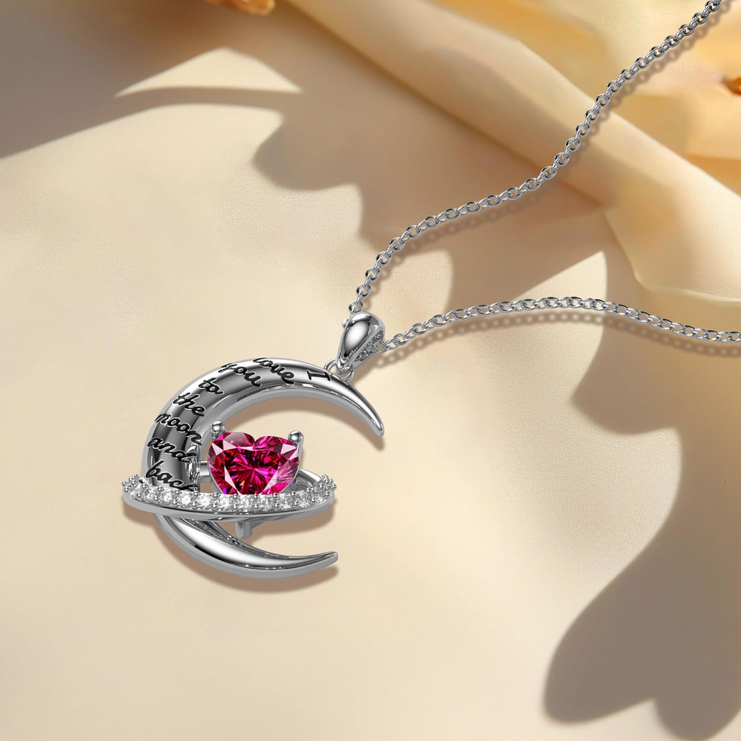 Distance Valentine's Day Gift I Love You to The Moon and Back Necklace for Women, S925 Sterling Silver Forever Love Heart Birthstone Necklace, Anniversary Birthday Jewelry Gifts for Her Wife Lover - Image 4