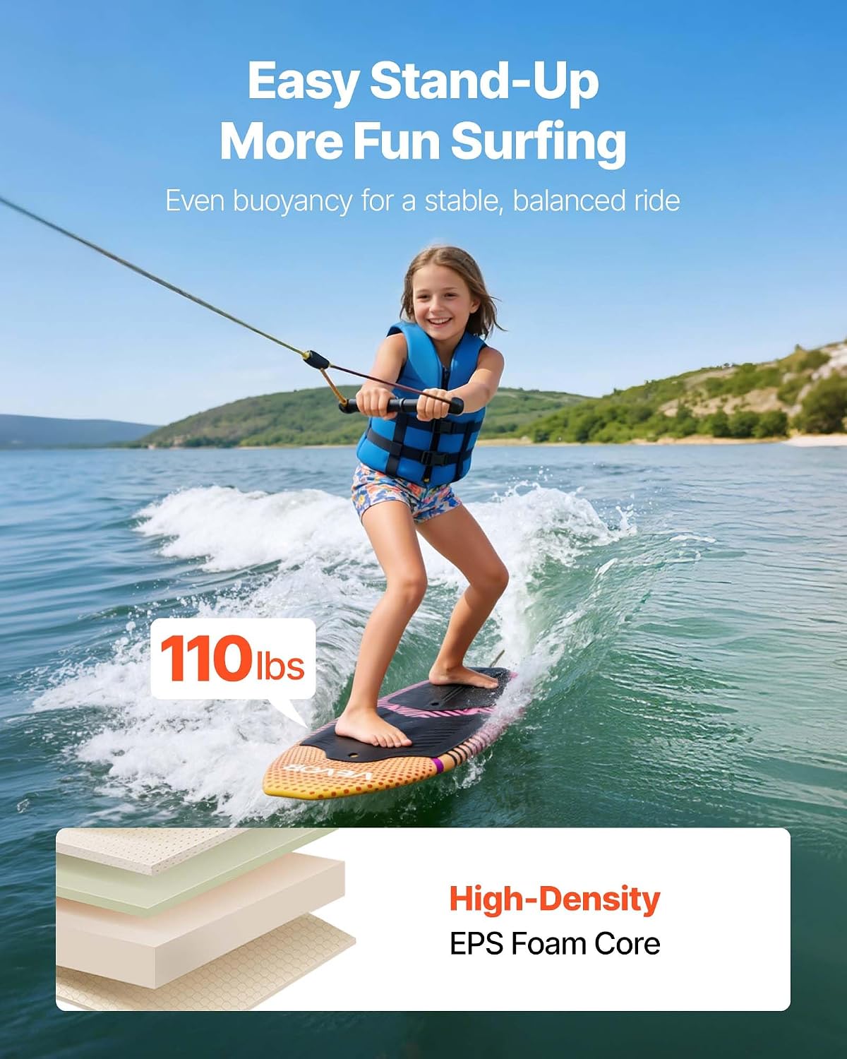 VEVOR 45-Inch Wakesurf Board, Wake Surfing Board with EPS Foam Core & EVA Non-Slip Pad, UV-Resistant Wakesurfing Boards for Youth Up to 110 lbs