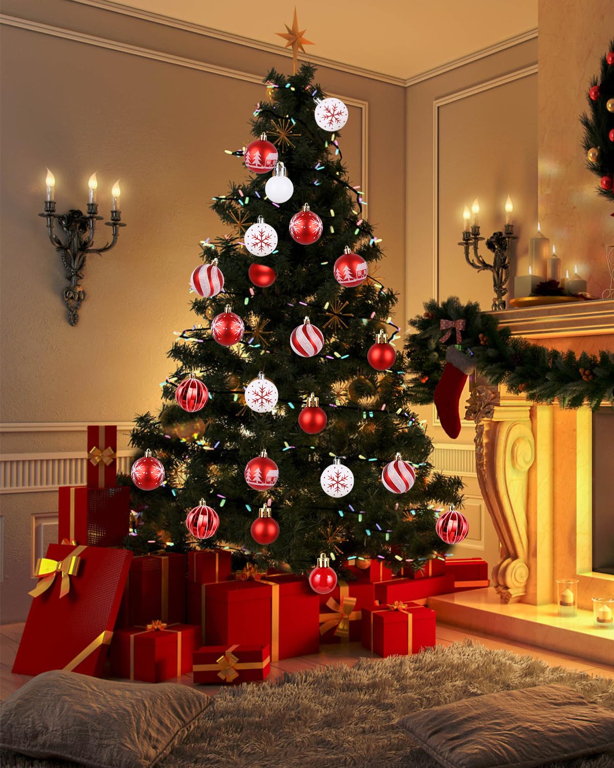 Juego de Bolas de Navidad, Bolas de Navidad Blancas y Rojas, 44 Piezas, 6 cm y 3 cm, Adornos Arbol Navidad, Bolas de Plástico Blancas y Rojas para Decoración Arbol Navidad Casa