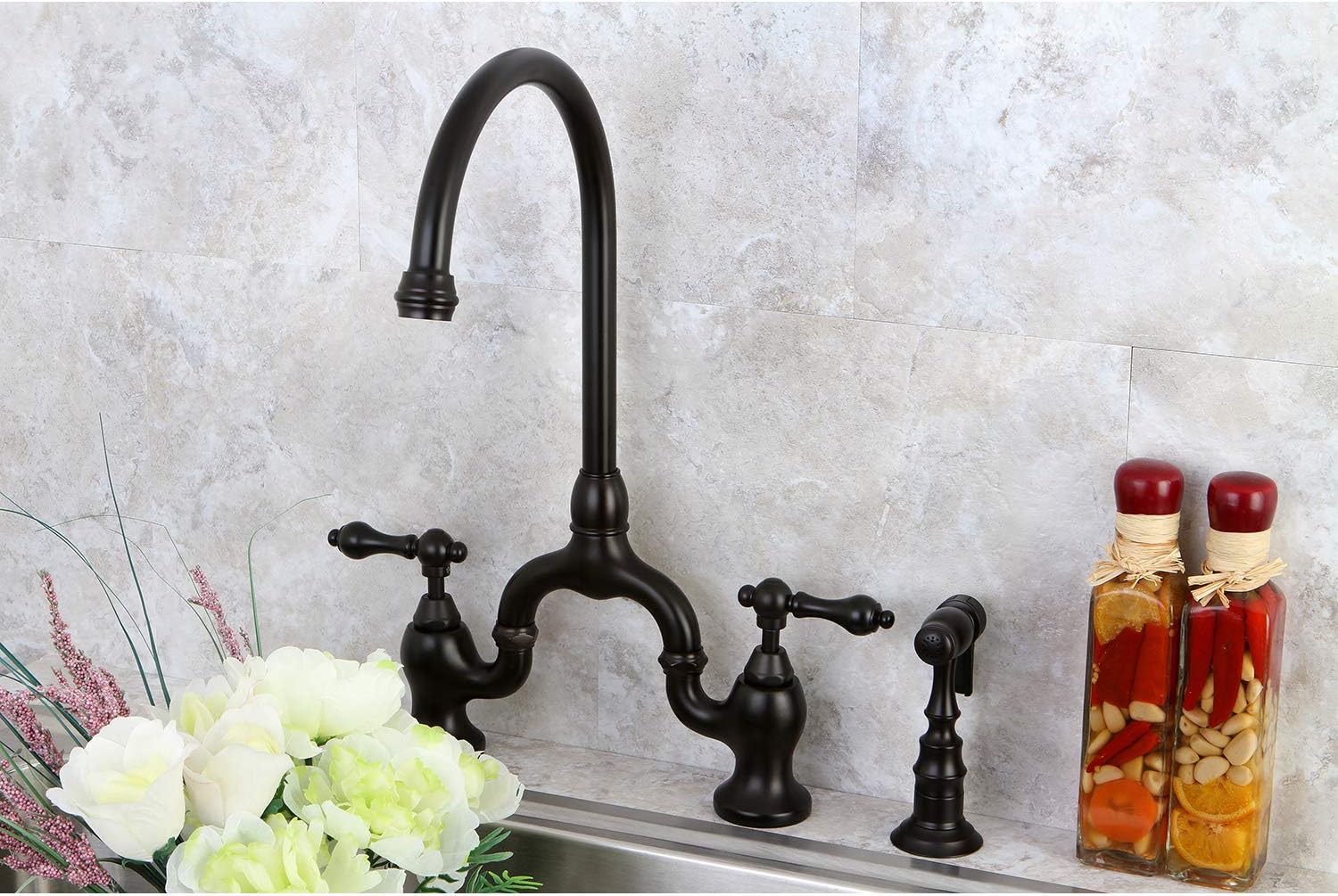 Kingston Brass KS7795ALBS English Country Kitchen Bridge Faucet with Brass Sprayer, Oil Rubbed Bronze