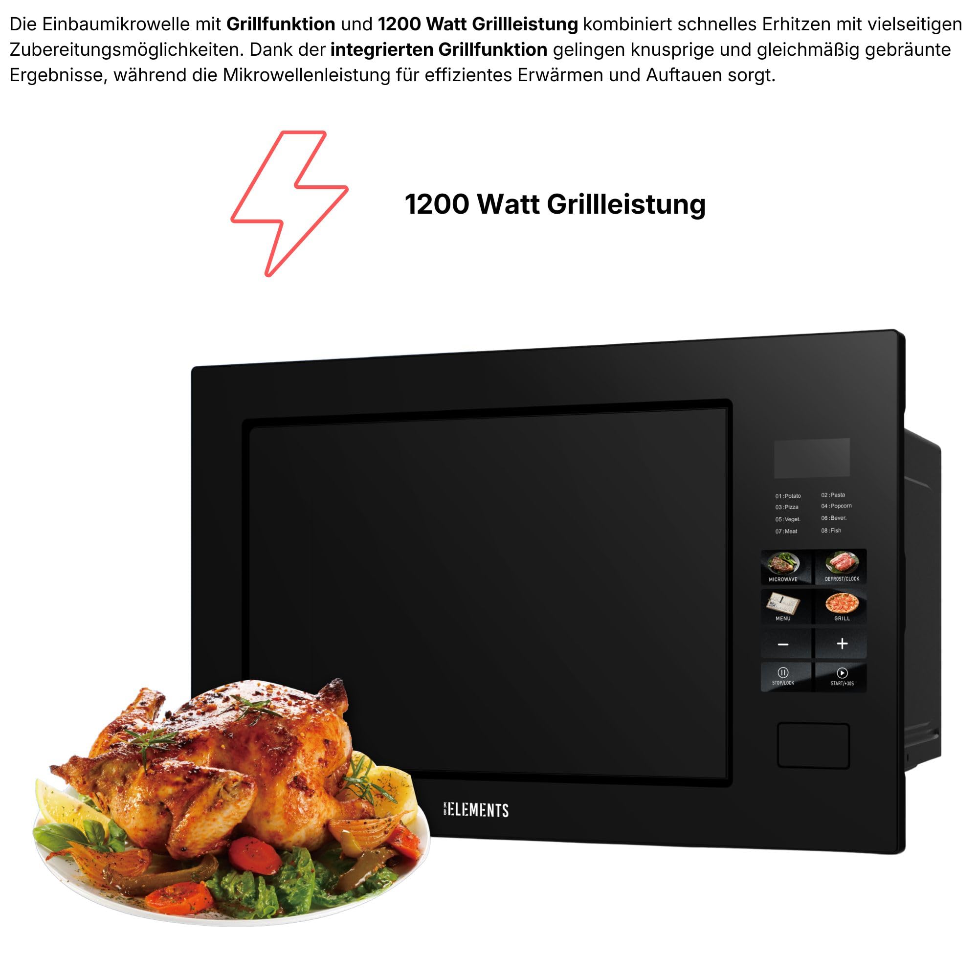 Einbaumikrowelle 60 cm | Einbau Mikrowelle 25 Liter | Full Touch | 1200W Grill | Glasrahmen | Edelstahl | inkl. Grillrost und Drehteller