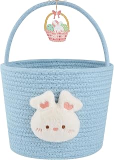 OIAHOMY Easter Basket with Handle, Personalized Bunny Easter Basket for Kids, Woven Rope Gift Empty for Eggs, Baby Treasure Hunt Baskets with Wooden Card for Boys and Girls - Blue