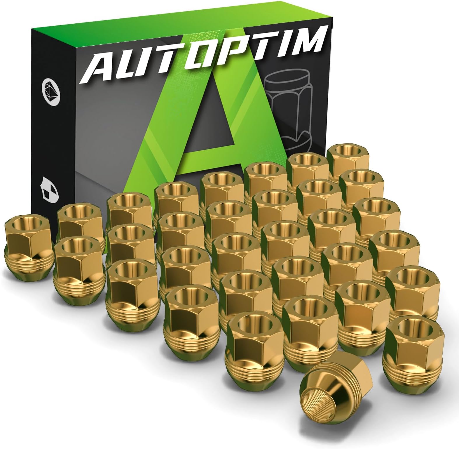 AUTOPTIM 32PCS OEM M14X1.5 Open End Lug Nuts - Replacement for 1999-2022 Chevy Silverado 1500 GMC Sierra, 1988-2000 C1500 C2500, Zinc Gold 3/4" Hex 0.83" Height Conical Bulge Seat Lug Nut