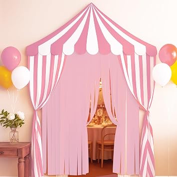 Breling 4 Pcs Carnival Circus Decor Backdrop Tent with Canopy, Pink White