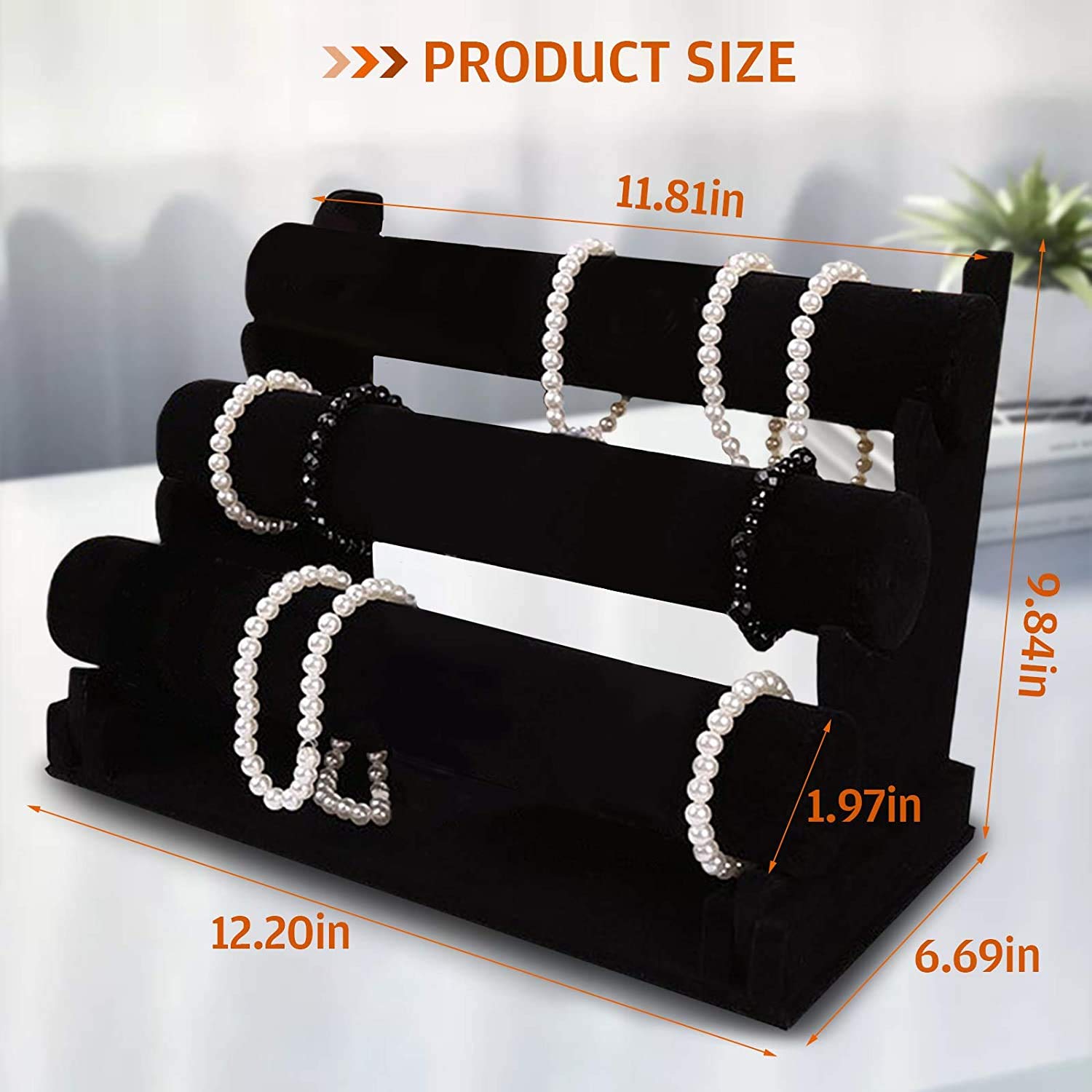 POFET Support de bracelet en velours à 3 barres pour montres, colliers, bijoux - Noir