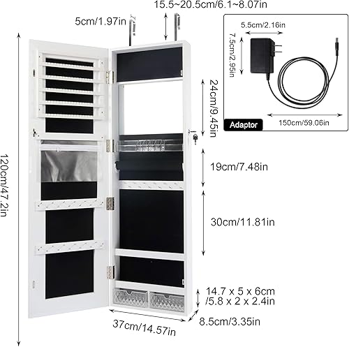 Miniatura 2 de Becko - Armario de joyería con espejo LED con 3 luces de colores armario de madera montado en paredpuerta espejo iluminado de 47 pulgadas de
