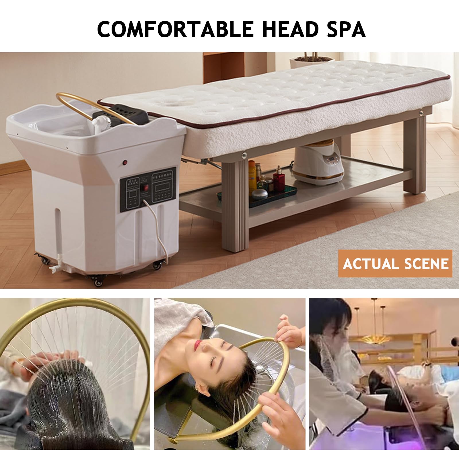 Head-Spa-Ausrüstung Mobiles Shampoo-Becken mit 60-l-Wassertank 4 Universalräder, Kopf -Spa -Geräte Wasserzirkulation Shampoo -Becken, Tragbares Waschbecken für Spa und den Einsatz im Salon White-Set2