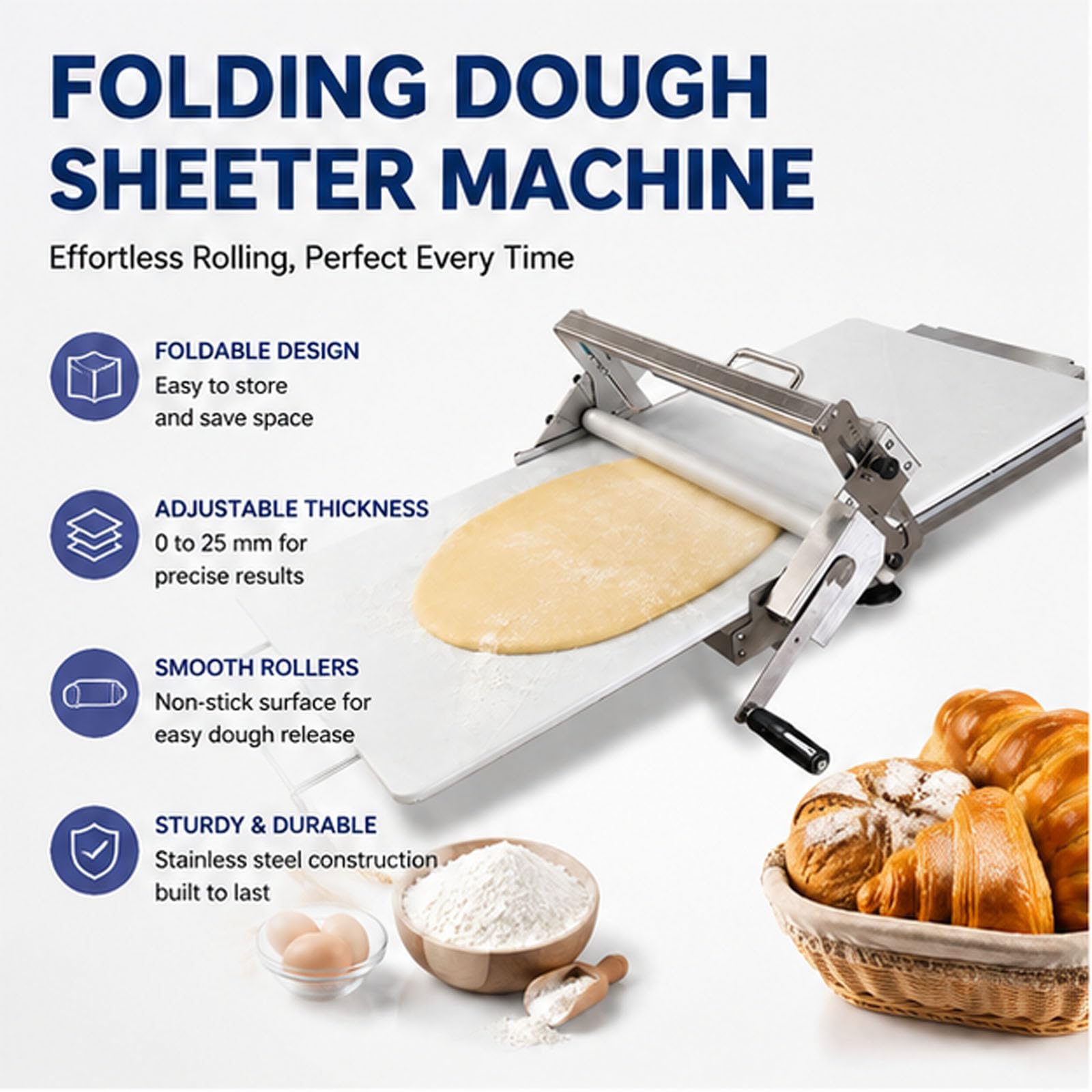 Faltender Teigwalzmaschine, Heim- & Gewerbebäckerei | 0-25 mm verstellbare Dicke, Edelstahl, manuelle Teigwalzenmaschine, für Pizzateig, frische Pasta und Croissants(83*48cm)