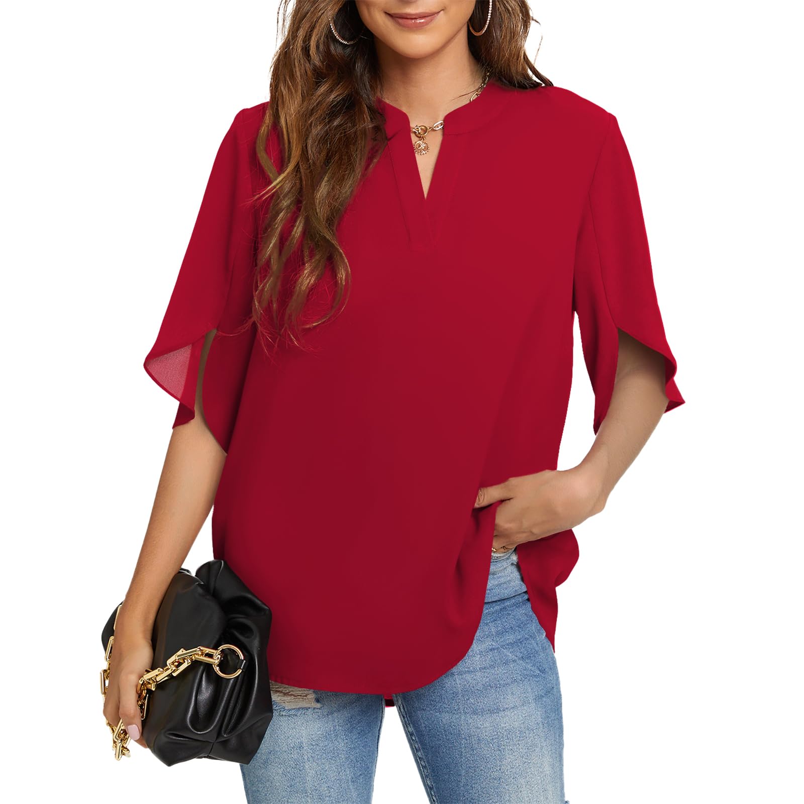 FunlingoWomen's Summer Tops Short Sleeve Casual Shirts V Neck Chiffon Dressy Blouse Tops
