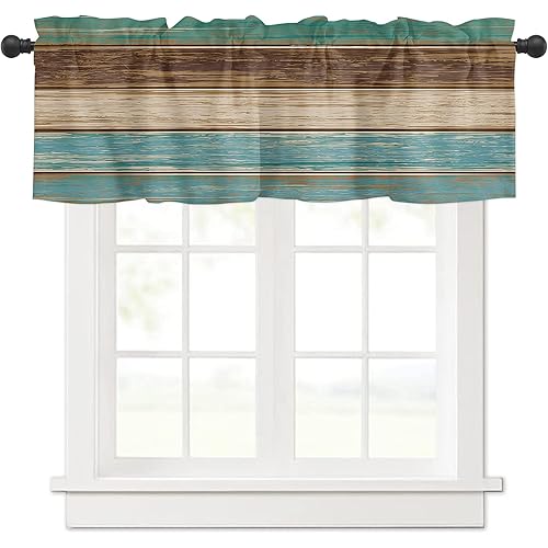 Homechoid Teal Turquoise Curtain Valance for Windows/Living Room/Kitchen/Bathroom/Farmhouse, Rustic Wood Board Green Brown Short Rod Pocket Tier Curtain Window Treatment, 1 Panel 42x18