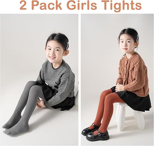 Girls Tights, (2 Pack) Stockings for Girl, Cable Knit Cotton Toddler Tights Pantyhose 1-11 Years(Gray/Brick Red,2-3T)