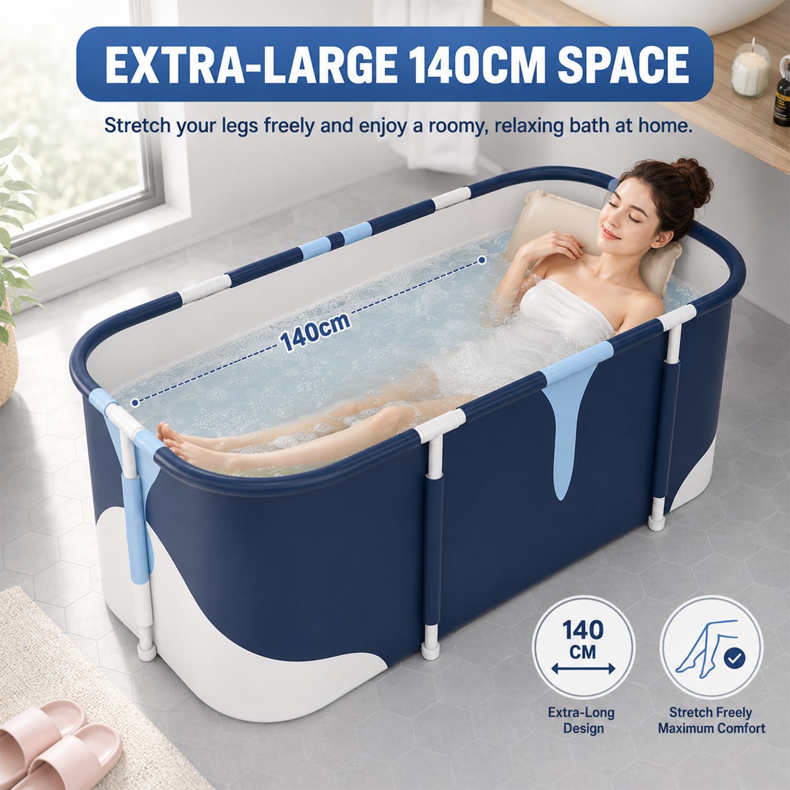 Faltbare Badewanne Erwachsene Komfort Größe 140cm Beinfreiheit Mobile Wanne Klappbar mit 6 Lagen Isolierung für Dusche inklusive Rückenlehne und Sitzkissen ideal für Home Spa und Eisbad Outdoor