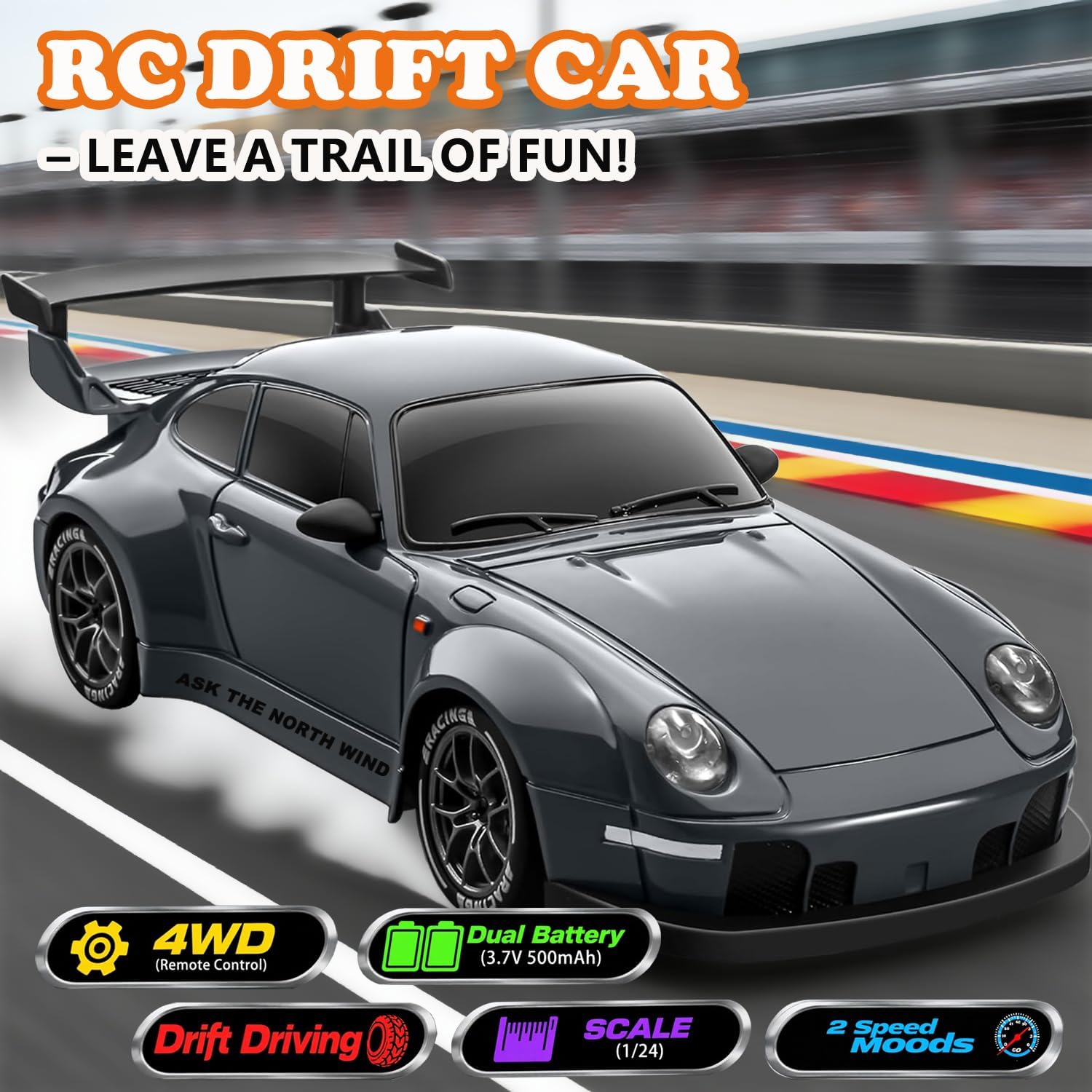 RC Drift Car, 1:24 Scale Remote Control Vehicle with LED Lights,Drifting Tires＆Two Batteries, Racing Sports Toy Idea Gift for Adults Boys Girls and Kids