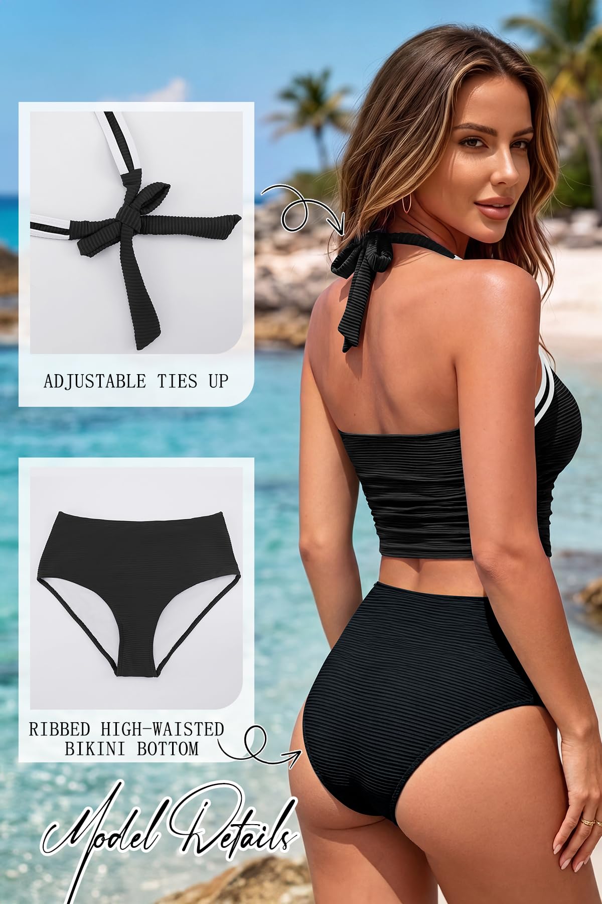 SHEKINI Tankini da donna con allacciatura al collo, increspato, top da nuoto a vita alta, set bikini sportivo a costine, costume da bagno a due pezzi, taglie S-XXL