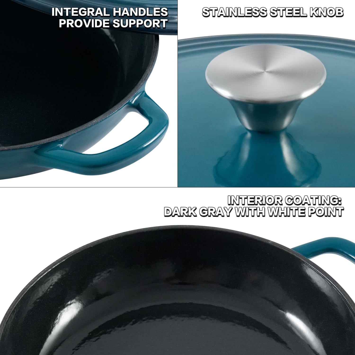 Braiser Enameled Cast Iron Braiser 3 qt Braiser Pan with Lid DarkCyan Shallow Cast Iron Casserole Braiser Pan with Handels - Image 4