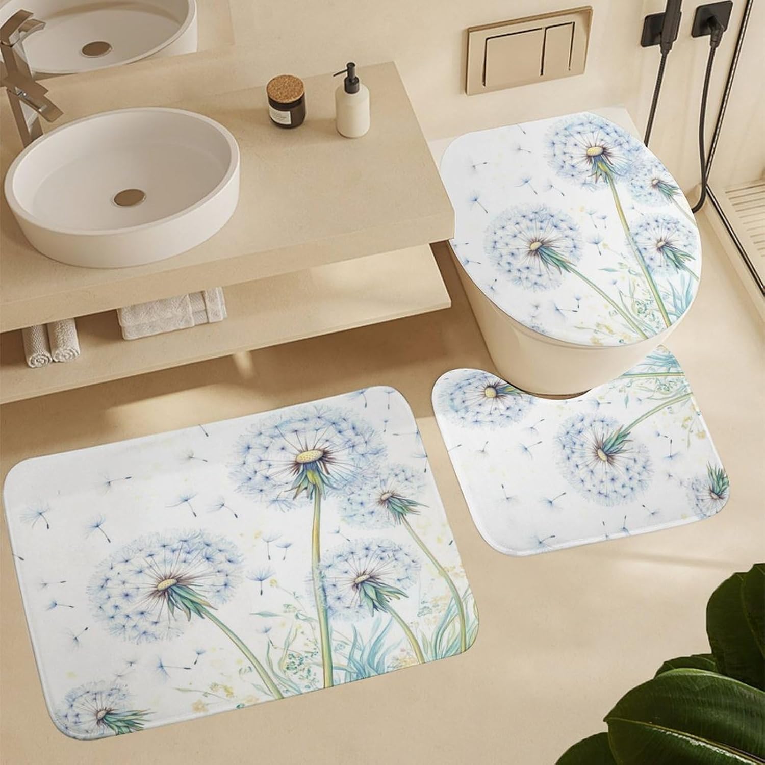 4-Piece Watercolor Dandelion Shower Curtain Set with Rug, Rustic Plant Print Bathroom Decor Includes Non-Slip Mats, Toilet Lid Cover & Shower Curtain with 12 Hooks