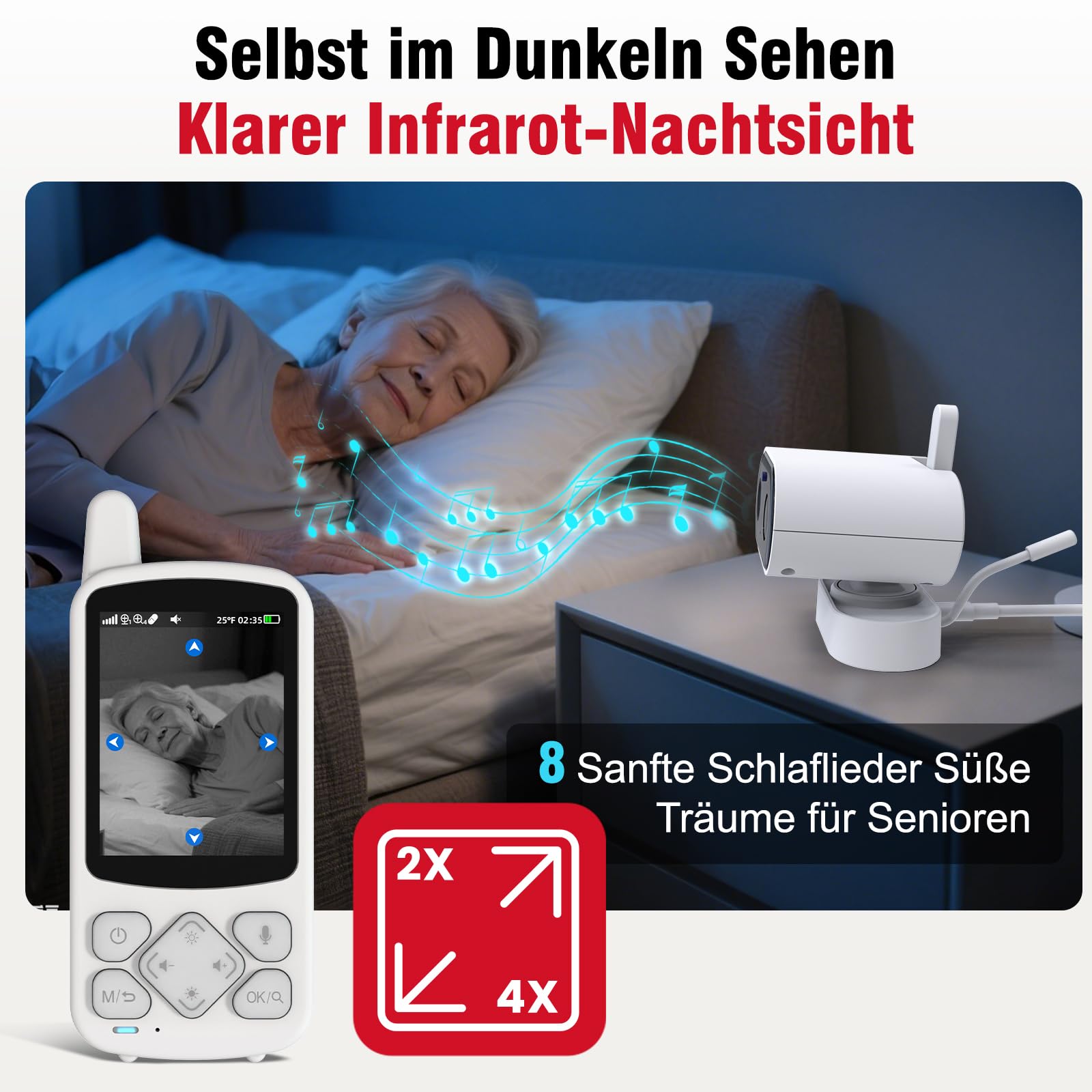 CallToU Schwenkbare Babyphone für Senioren mit Zwei-Wege-Audio | Ohne WLAN; Temperaturüberwachung; Medikamentenerinnerung; 720p, Infrarot Nachtsicht, SOS Notrufknopf