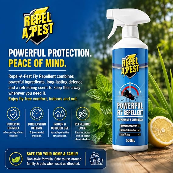 Fly Repellent Deterrent Spray - Natural Eco-Friendly Pest Control for Indoors and Outdoors - Contains Citronella, Peppermint & Geraniol - 500ml