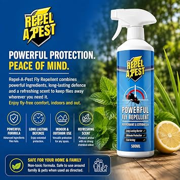Fly Repellent Deterrent Spray - Natural Eco-Friendly Pest Control for Indoors and Outdoors - Contains Citronella, Peppermint & Geraniol - 500ml