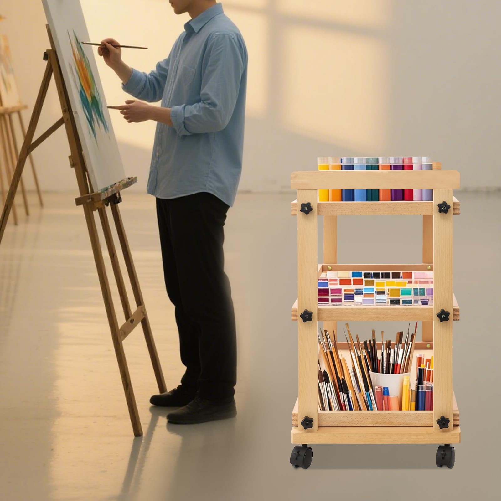 Carrito de madera para arte, estante de madera, ruedas de madera, estudio de arte, 3 pisos, 15 kg, almacenamiento para escuela, oficina, pintura, organización, móvil (B)