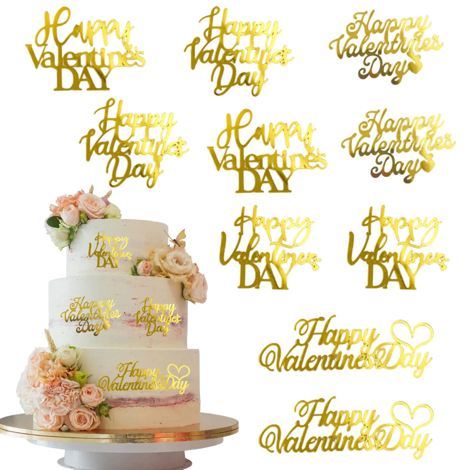 Valentine's Day Cake Toppers Heart Acrylic Mirror Love Heart Cupcake Toppers Cake Decoration for Valentines Anniversary Engagement Wedding Party Cupcake Dessert Decor Supplies(10Pcs) (Gold)