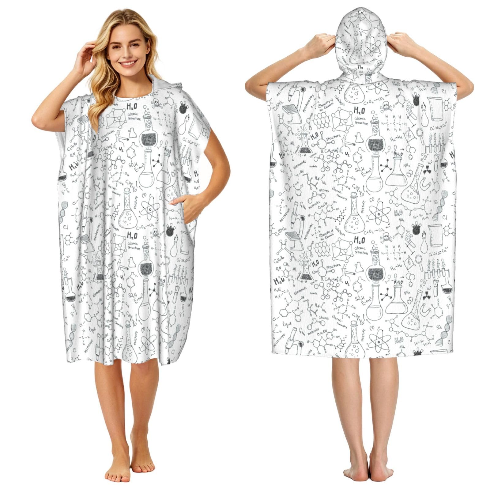 Poadnly Chemistry Print Black White, Adult Hooded Beach Towel 90 x 110 cm,Changing Bath Robe, Surf Poncho Towel For Women Men