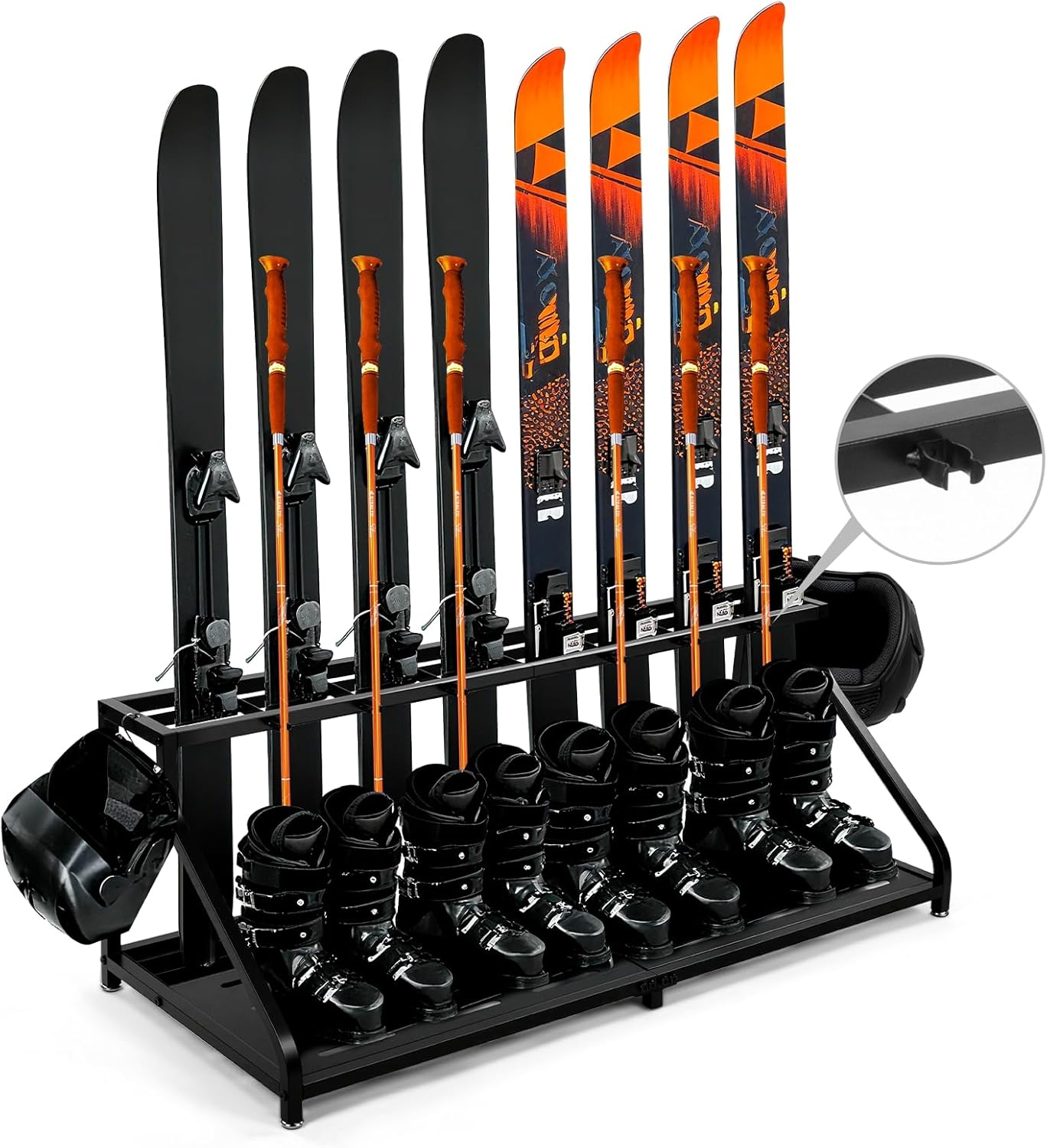Freestanding Ski Storage Rack – Inclined Design, No Tipping Over, for 8 Pairs Ski, 4 Pairs Ski Boots, 2 Helmets, 6 Separate Pole Fixed Buckles, for Garage, Shed, Basement, 240LB.