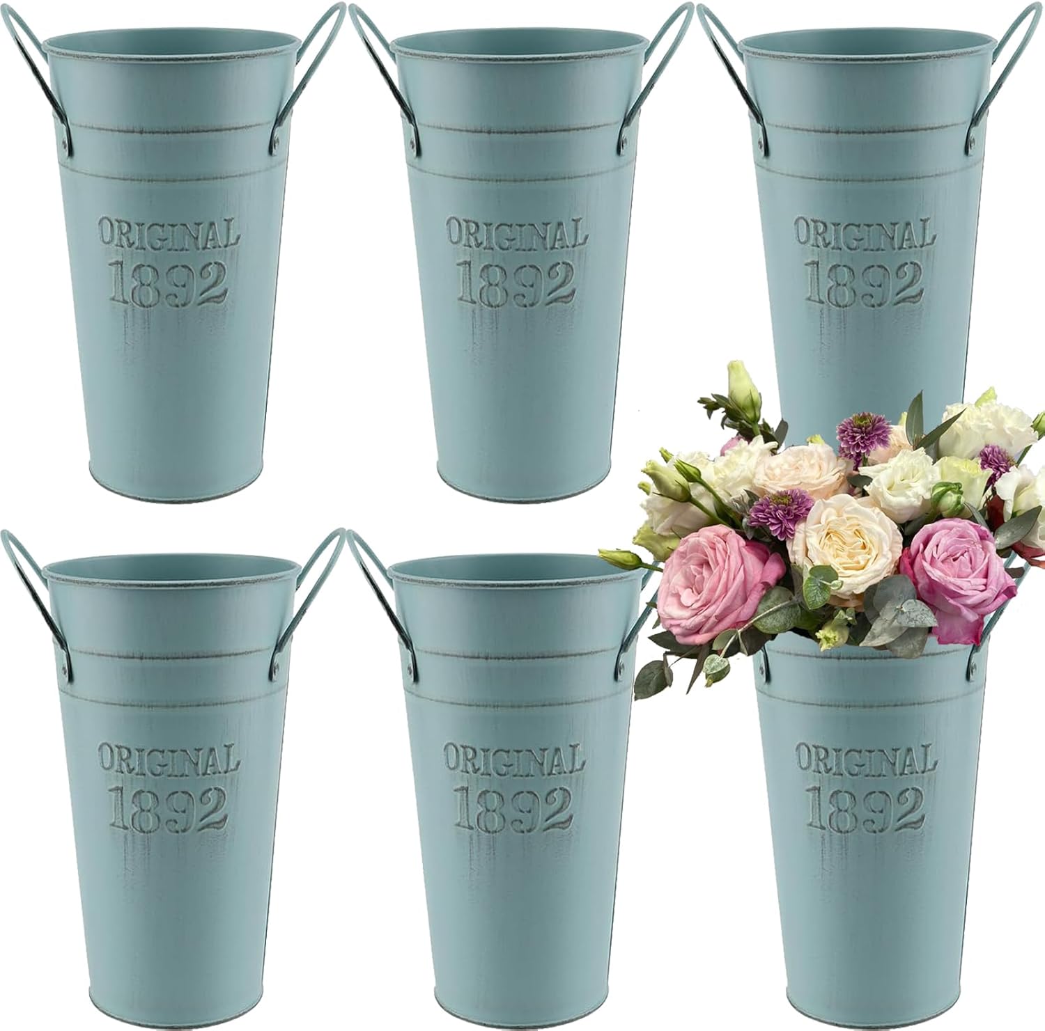 MOUYAT 6 Pack 8 Inch Vintage Metal Galvanized Flower Vase, Tall Galvanized Metal Planter Bucket with Handles, Farmhouse French Bucket for Centerpiece Wedding Decor, Floral Arrangements, Blue
