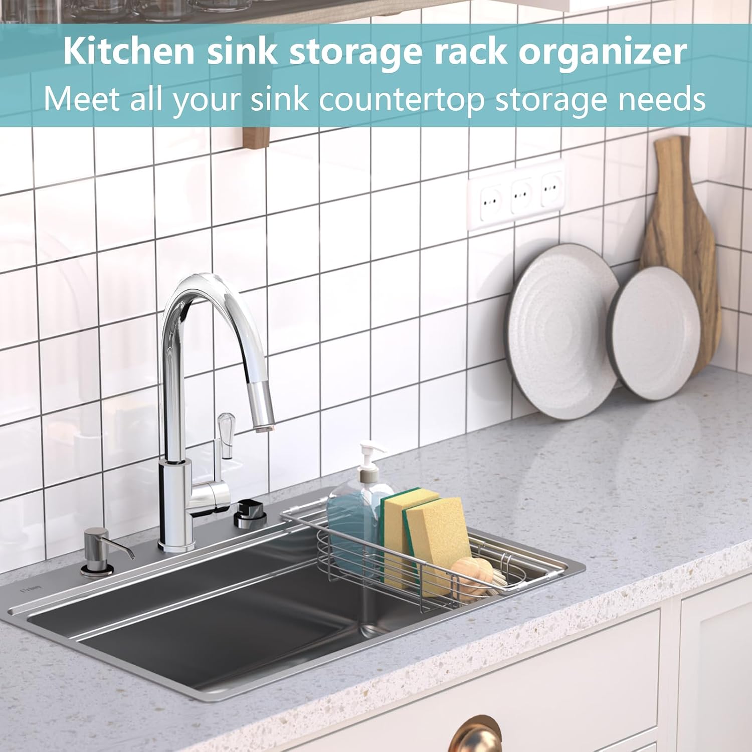 Sink Caddy Sponge Holder Kitchen Sink Organizer Expandable 13.4" to 17.1"