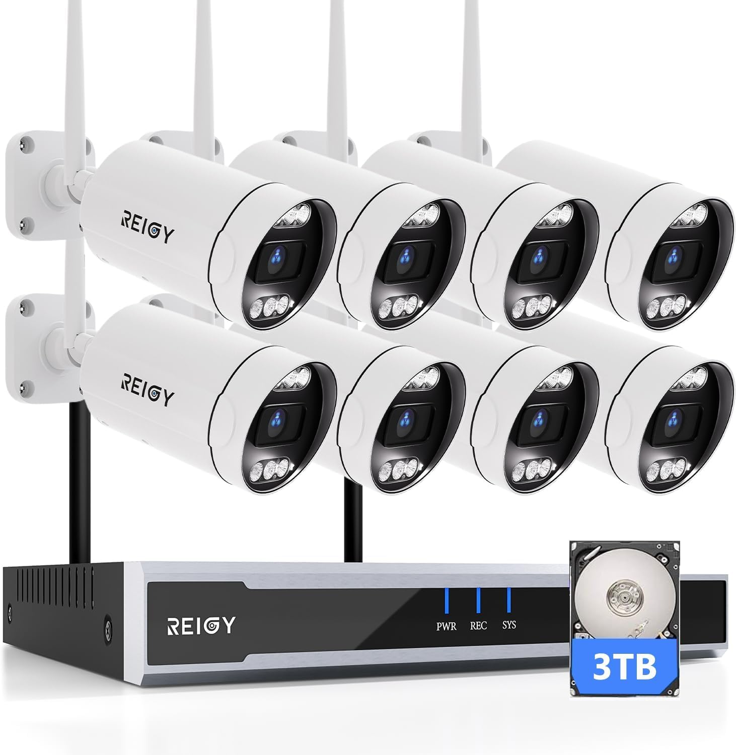REIGY Zestaw 5 MP WLAN kamera do monitoringu, na zewnątrz, z dyskiem twardym 3 TB, 16 CH radiowym systemem monitoringu NVR + 8 x 1920p, bezprzewodowa, dwukierunkowa audio, rozpoznawanie ruchu