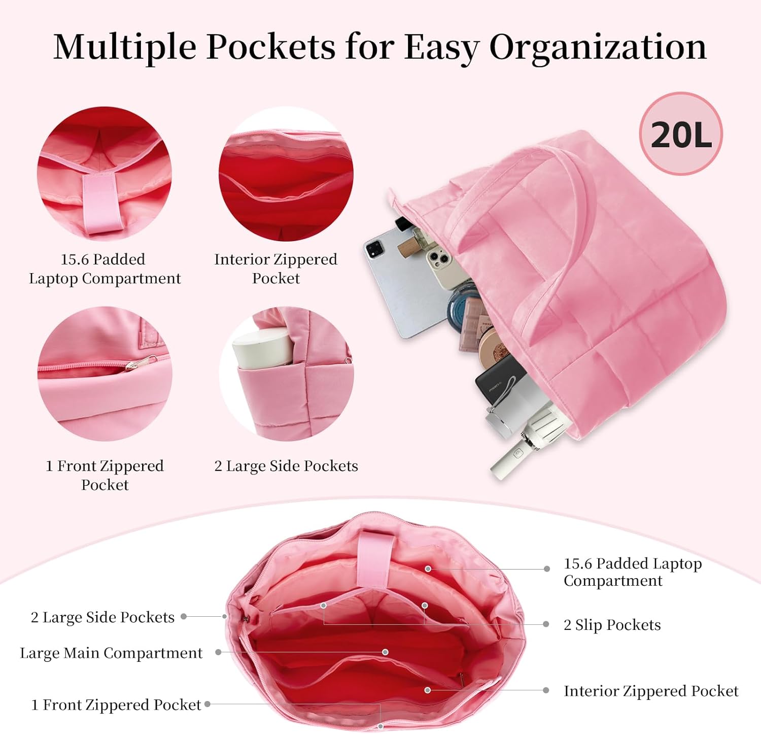 Puffer Tote Bag for Women,Large Work Tote Bags Lightweight Puffy Bag with Laptop Compartments,Nurse Bags Shoulder Bag