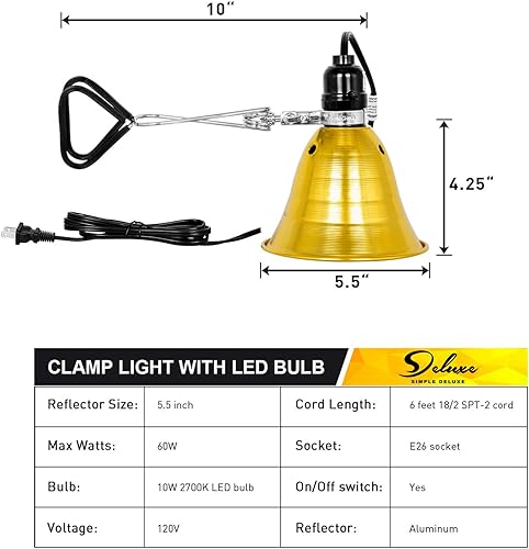 Miniatura 4 de Simple Deluxe Luz de lámpara de abrazadera de 60 W con bombilla LED de 2700 K, reflector de aluminio de 5.5 pulgadas, enchufe E26 de 6 pies, cable
