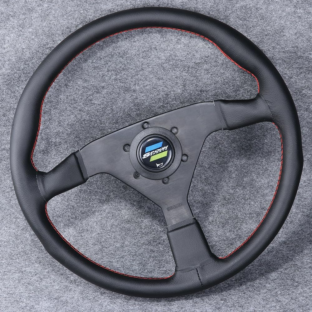 Volanti Auto Volante sportivo Drift in vera pelle nera da 14 pollici/350 mm(Red Stitching)