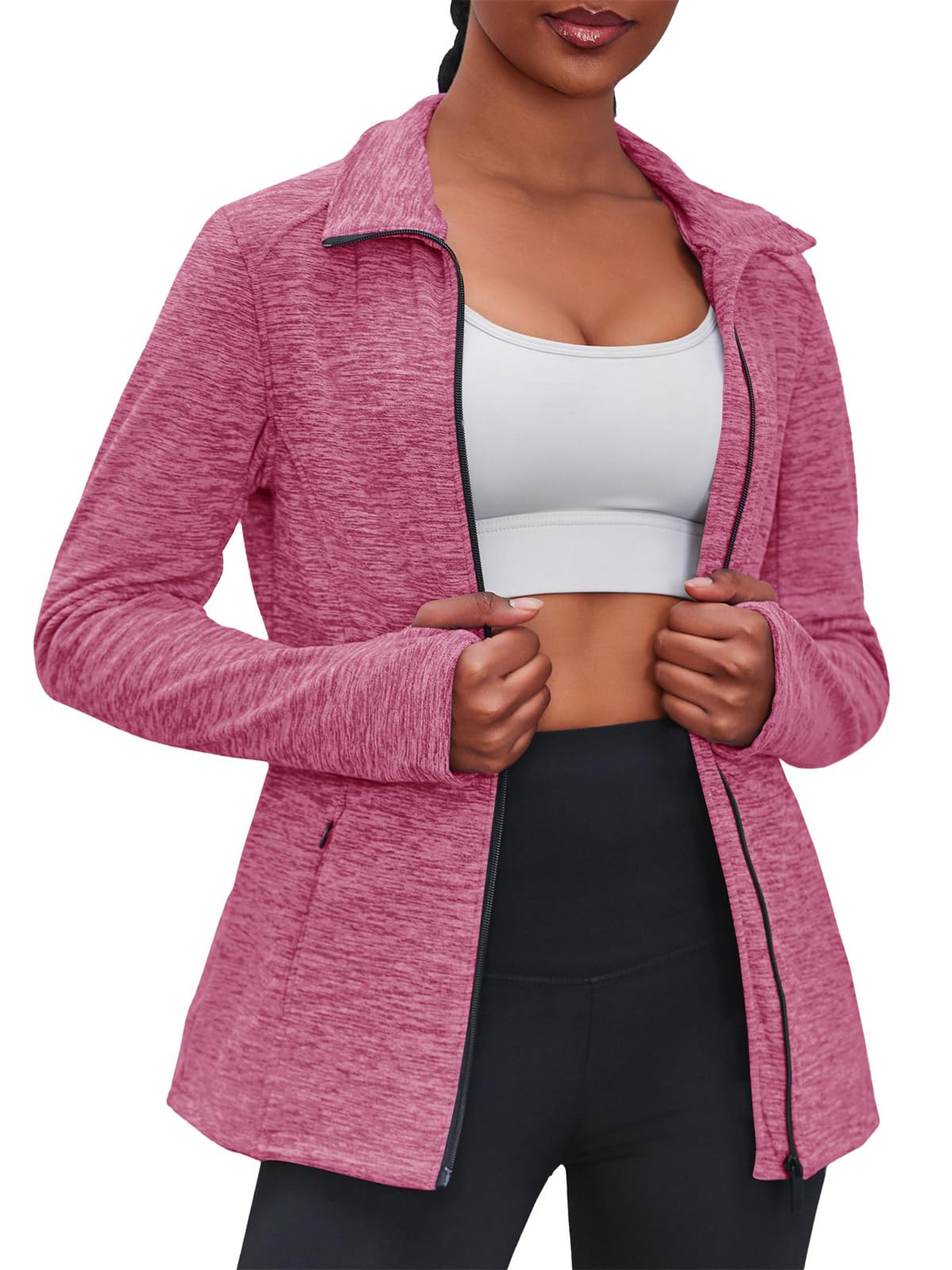 Fisoew Damen Laufjacke Slim Fit Sportjacke Langarm Trainingsjacke Fitness Full Zip Fleece Activewear mit Daumenloch Taschen