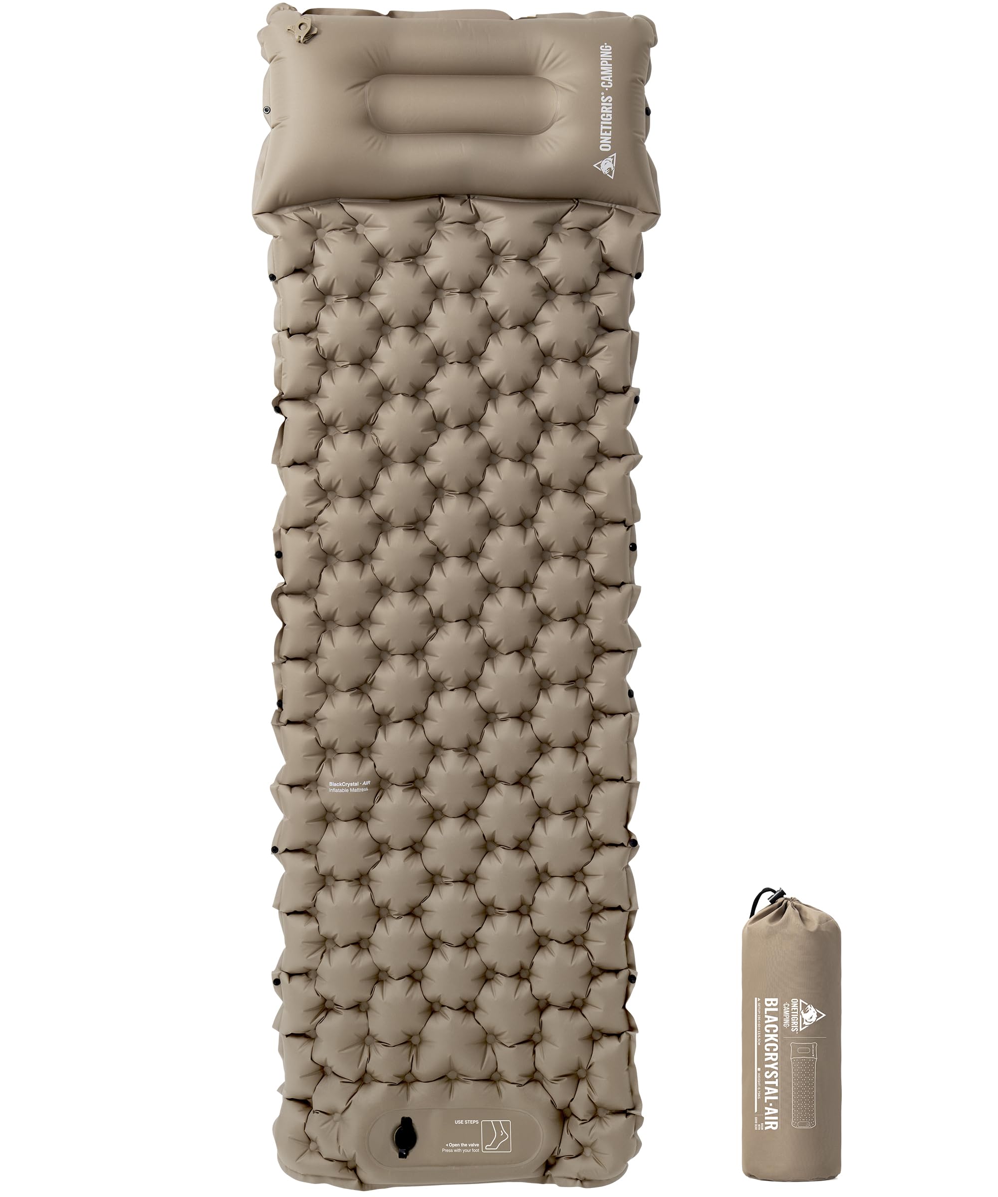 OneTigris Blackcrystal Colchoneta autoinflable ultraligera, colchón hinchable para camping con almohada, colchón de aire compacto para camping y senderismo (marrón coyote)