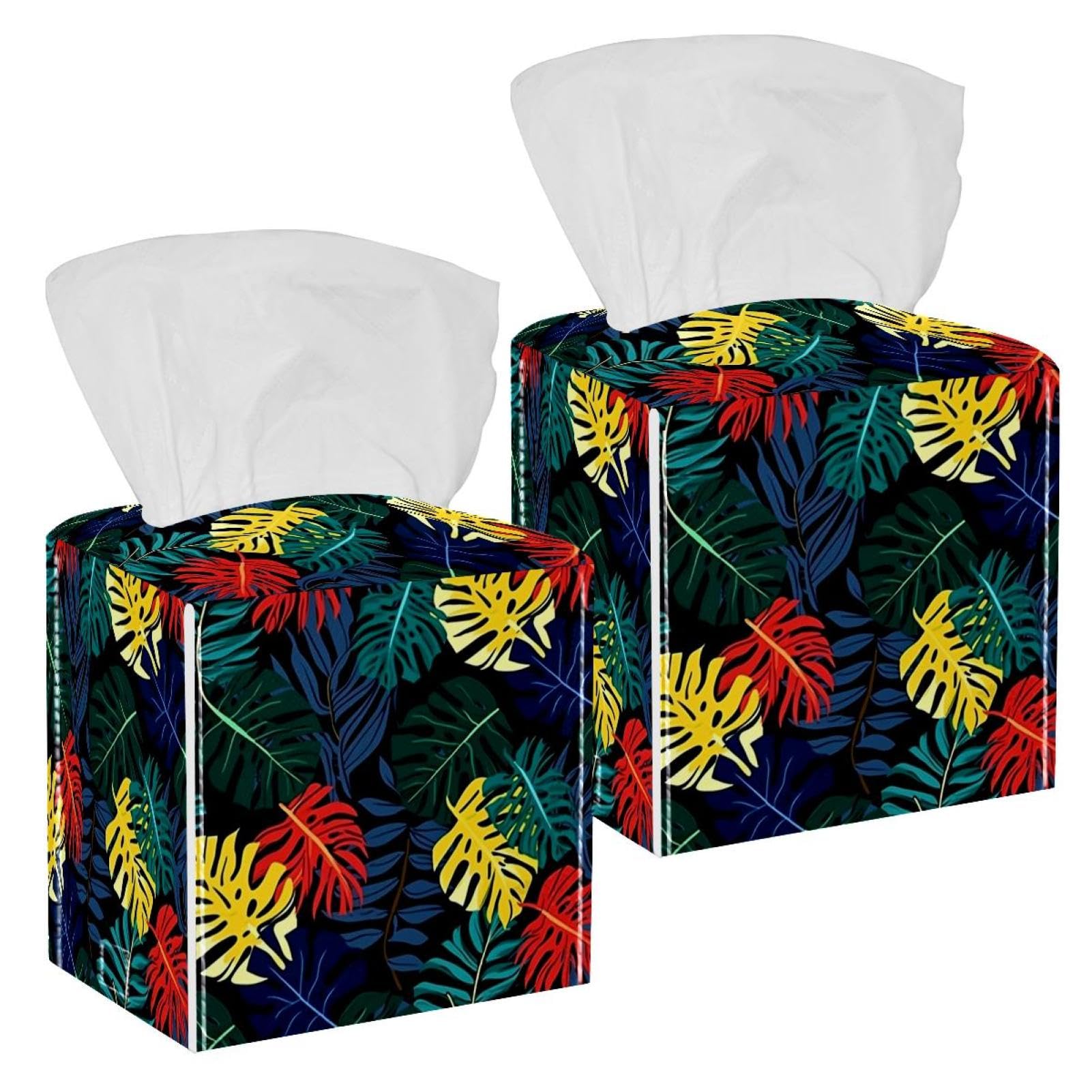 Tropical Palm Tissue Box Cover, 2 Pack PU Leather Square Facial Tissue Dispenser Box holder for Home Office Car