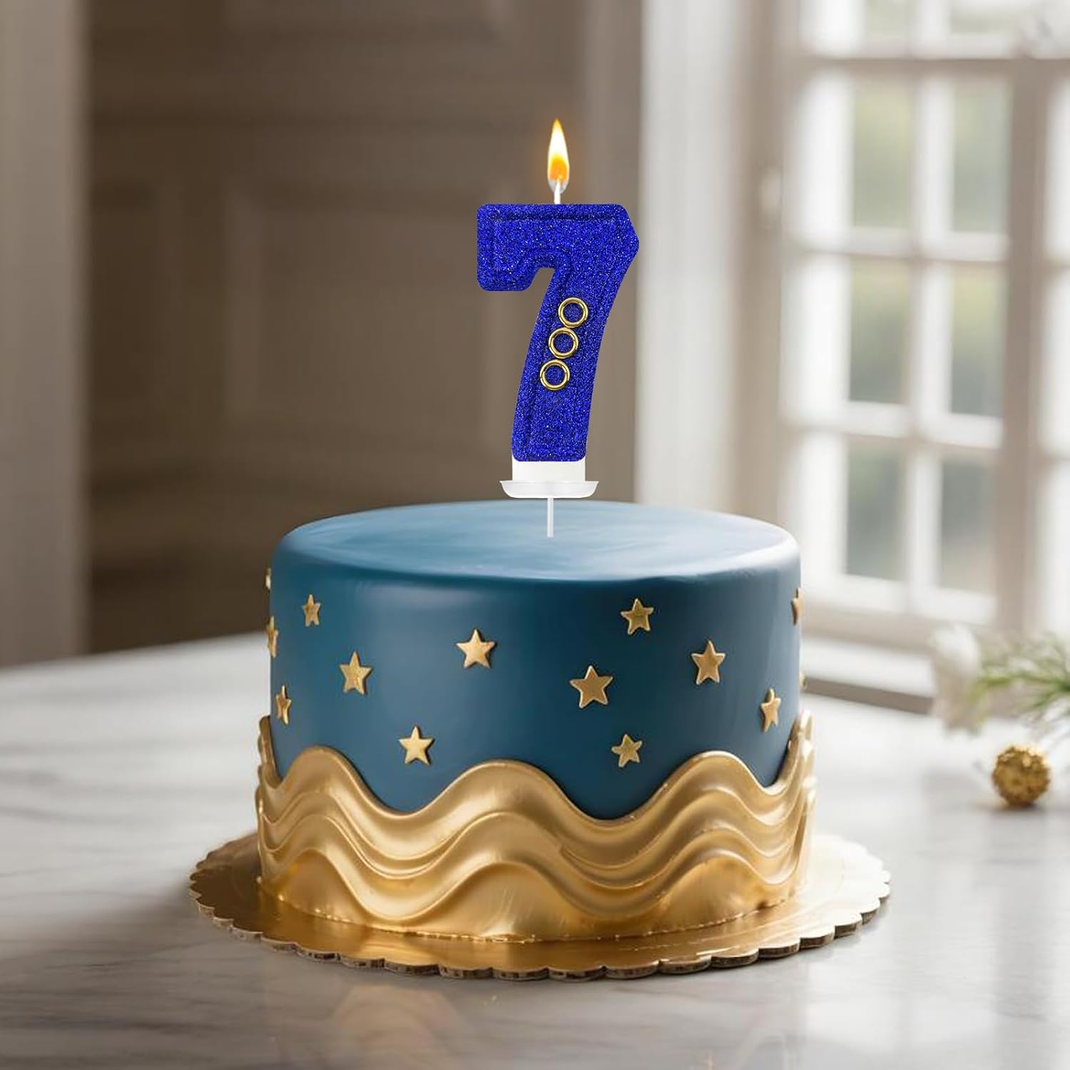 Blue Gold Ring Number Birthday Candle Glitter Gold Ring Hedgehog Theme Number Candle Cake Decoration Suitable for Birthday Decoration Anniversary Party Supplies (7, Deep Blue)