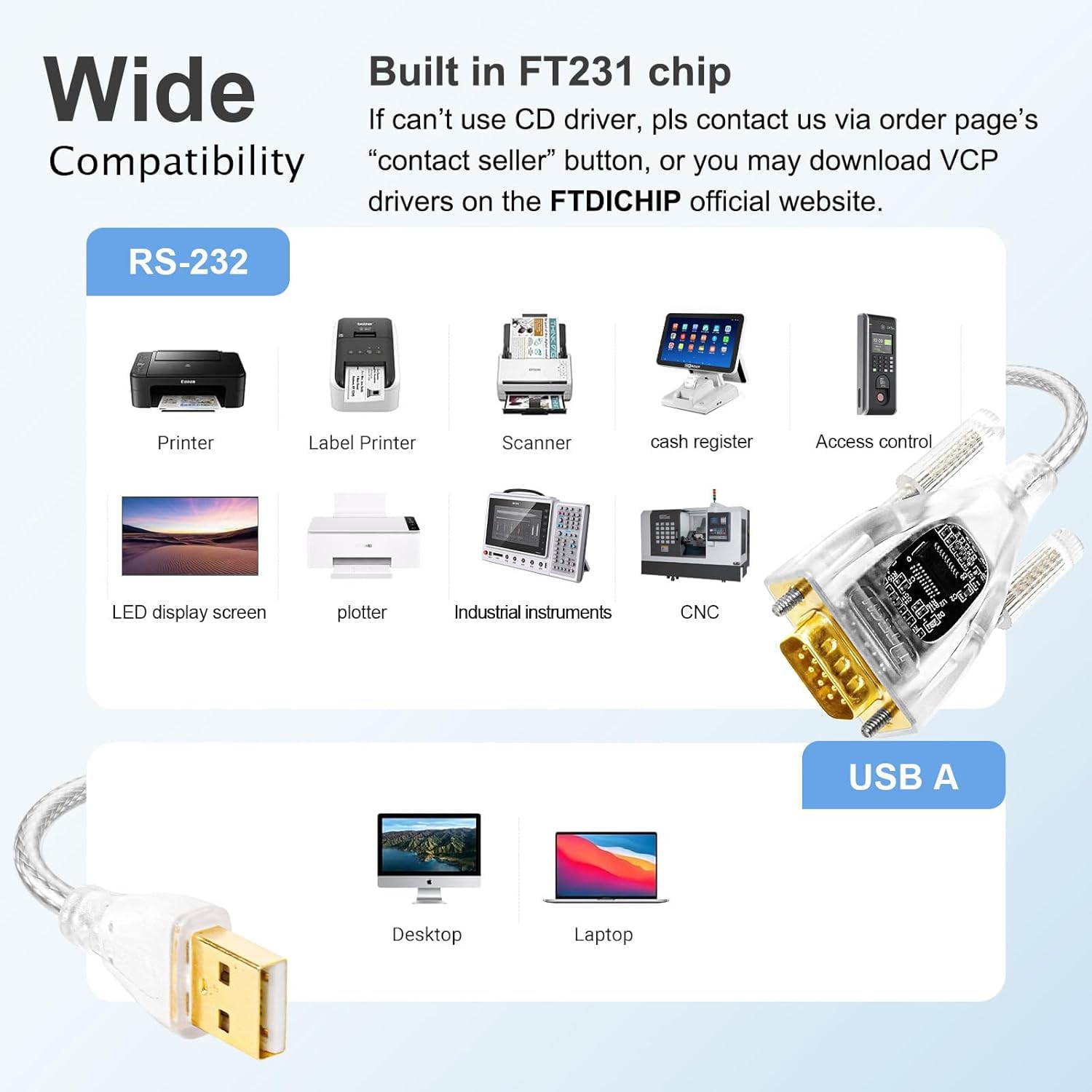 DTECH Cavo adattatore da USB a seriale FTDI Chip DB9 9 poli RS232 a USB con chipset FT231 supporta Windows 11 10 8 7 XP, Mac OS, Linux, rilevazione dati (0,5 m)