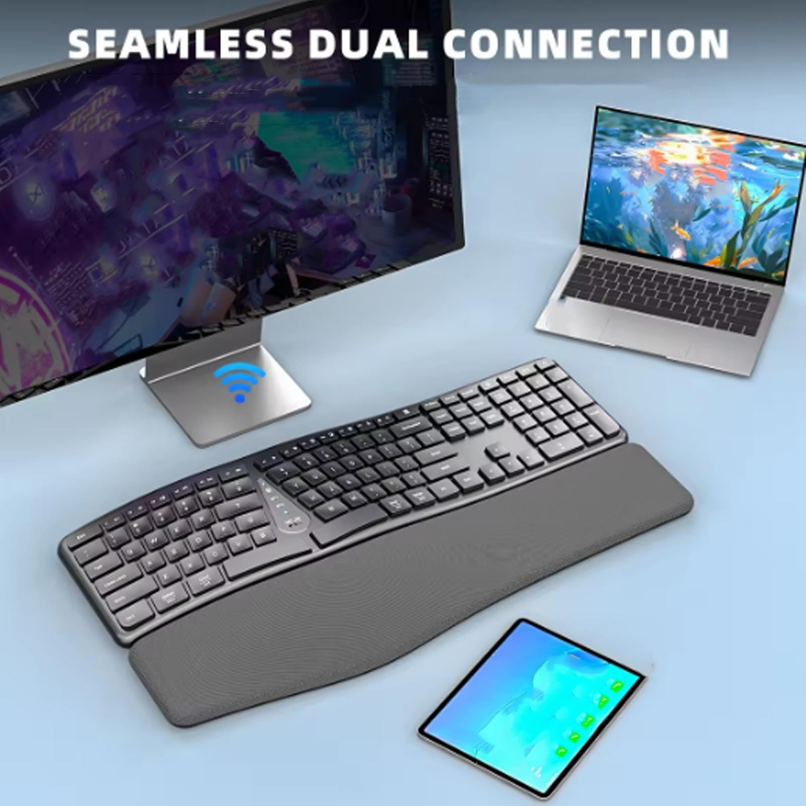 Bewinner Tastiera Ergonomica Divisa con Riposo Al Polso Ammortizzato, connettività e USB, Tastiera Divisa Ricaricabile USB C per Laptop Desktop per Computer