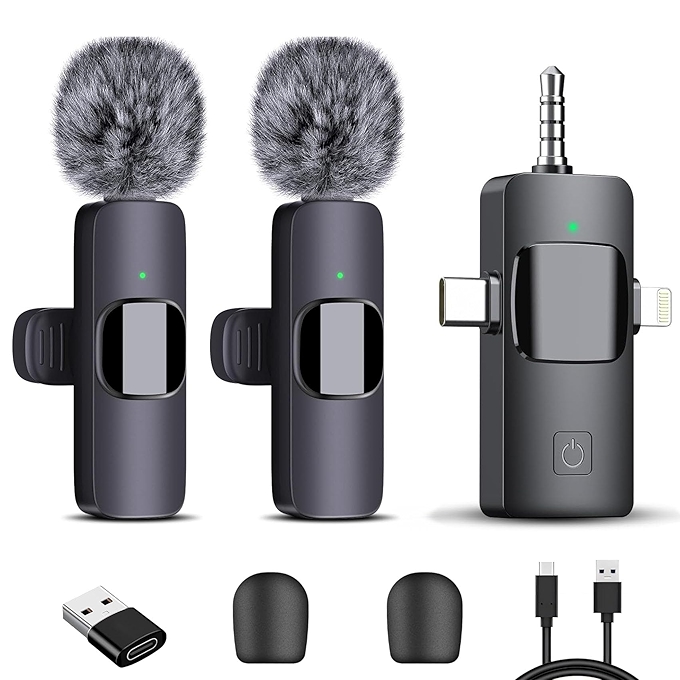 无线麦克风4合1，双麦克风适用于iPhone/Android/相机/电脑，降噪迷你领夹麦克风，适合视频录制、YouTube、TikTok