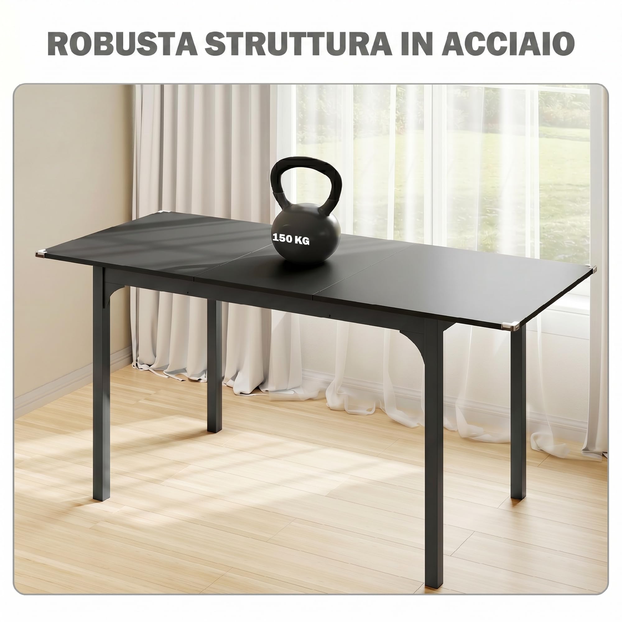 HOMCOM Tavolo da Pranzo Allungabile 4-6 Posti Espandibile 120-160 cm Nero | Tavolo Moderno, da Cucina e Studio, Rettangolare, con Gambe in Acciaio