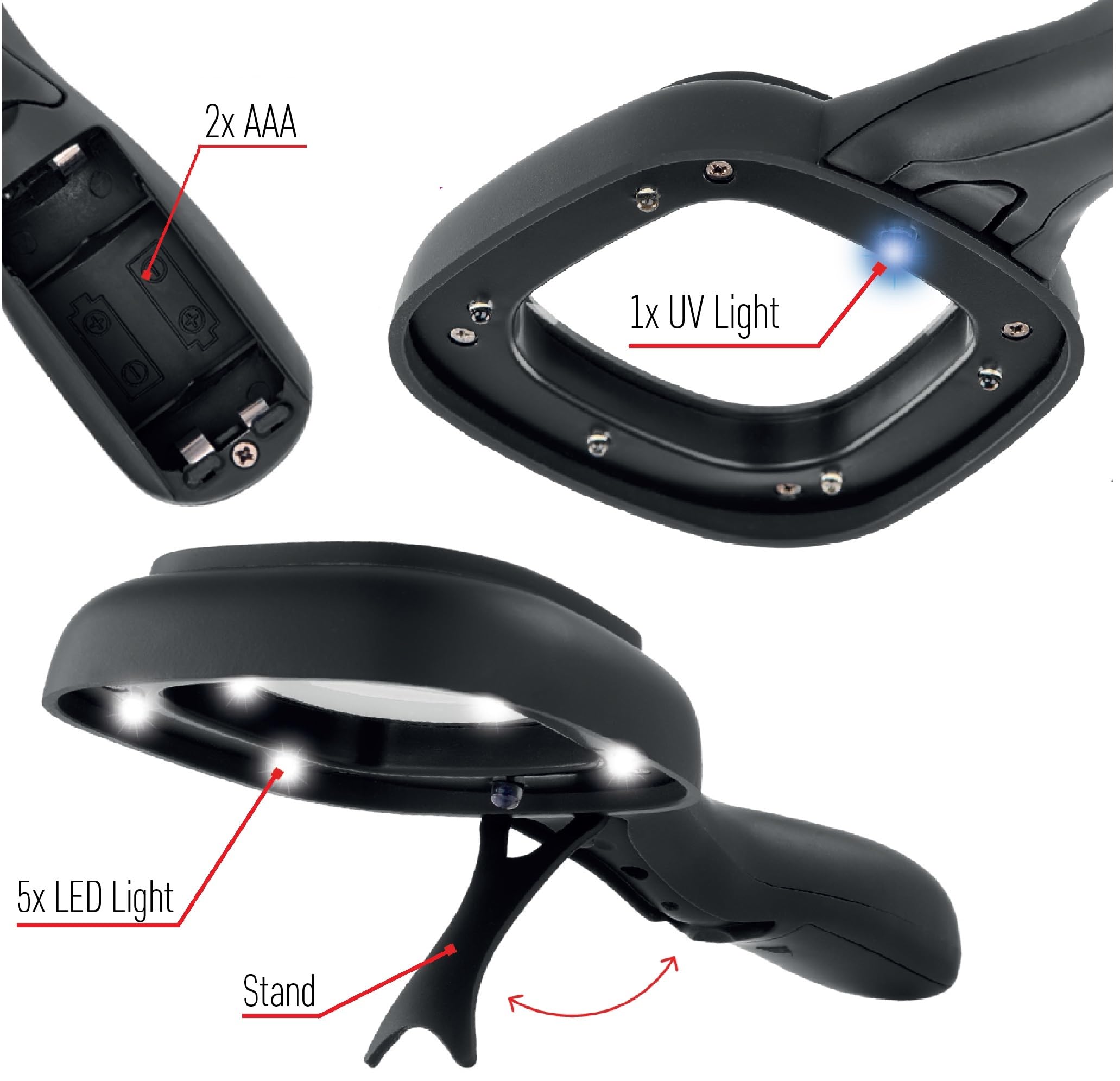EMOS Lupa de Lectura LED con luz LED y UV, Zoom 2,5X, 10 Unidades, lupas de Mano iluminadas para Personas Mayores, Lectura, inspección, Monedas, Billetes, Pasatiempos, Incluye Estructura y Pilas