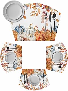 DecorLovee Orange Blue Thanksgiving Fall Placemats Set of 4 for Dining Table, Woven Round Table Placemats, Autumn Botanical Pumpkins Table Mats Washable Placemat Indoor/Outdoor Patio Kitchen Décor