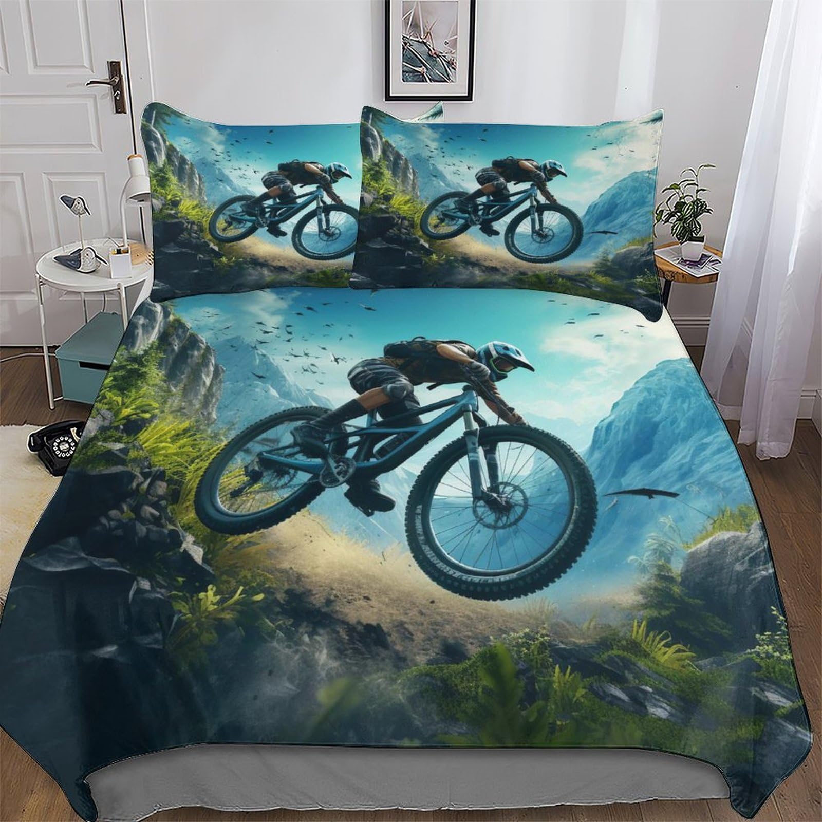Pazzk Boys Mountain Bike-8 Mountain Bike 3D Pattern Duvet Cover Bedding Set Soft Microfiber Quilt Covers 3 Pcs With Pillowcase With Zipper Closure For Girls And Teenagers Comforter Cover Double (200X200cm)
