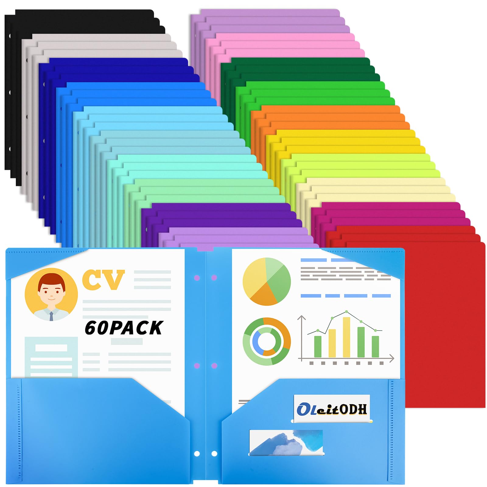 60 Pack Plastic Folders with Pockets 3 Hole Punched - Oleitodh 20 Colors 2 Pocket Folder with 2 Business Card Holder, Fit in 3 Ring Binder, Heavy Duty