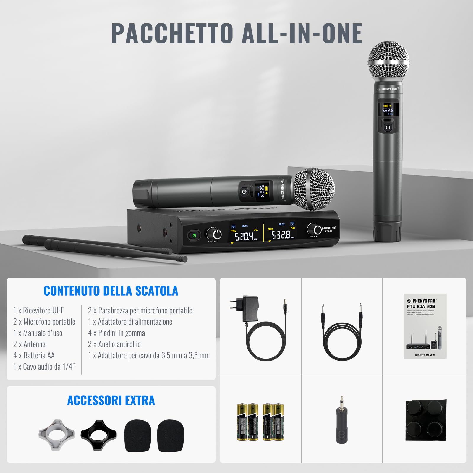 Phenyx Pro Sistema microfono wireless in metallo, microfoni dinamici palmari senza fili per canto, karaoke, chiesa, 2x30 frequenze sintonizzabili UHF, portata di 200 piedi (PTU-52-2H)