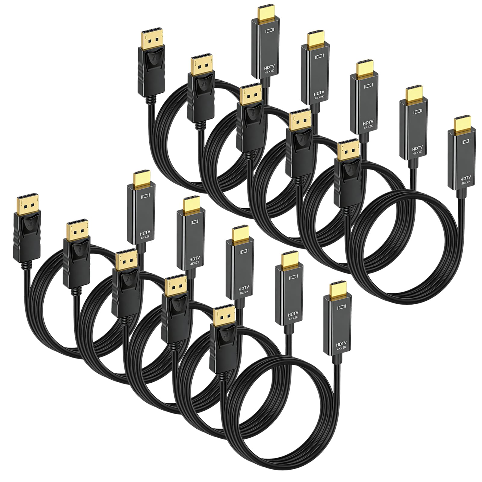 Lot de 10 câbles DisplayPort vers HDMI 4K de 1,8 m DP vers HDMI, adaptateur d'affichage source vers HDMI compatible avec Dell, HP, ThinkPad, bureau, carte graphique (AMD/NVIDIA) vers moniteur, TV