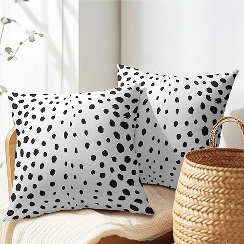Miniatura 5 de Kawani Juego de 2 fundas de almohada cuadradas de lino con estampado de lunares de 18 x 18 pulgadas, color blanco y negro, con trazos de pincel,