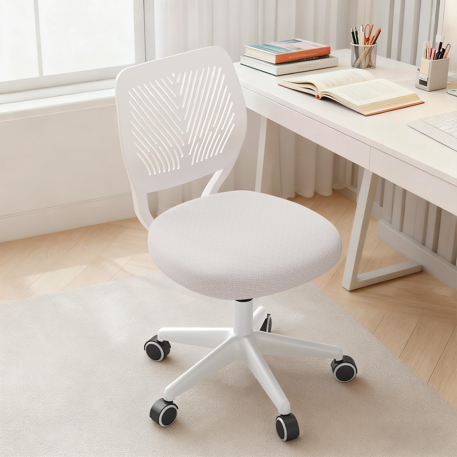 Silla Giratoria Ajustable para Escritorio, Silla de Oficina Sin Brazos, Taburete Redondo con Ruedas y Respaldo para Hogar y Oficina