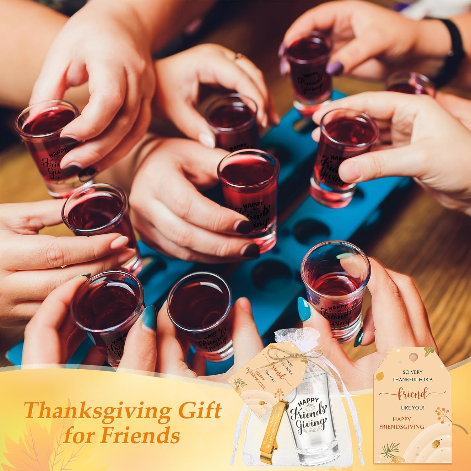 Roshtia 30 Sets Friendsgiving Party Favors Bulk Thanksgiving Shot Glasses Fall Bottle Openers with Thank You Cards Bags Friendsgiving Gift for Guests Friends Happy Holiday Party Supplies